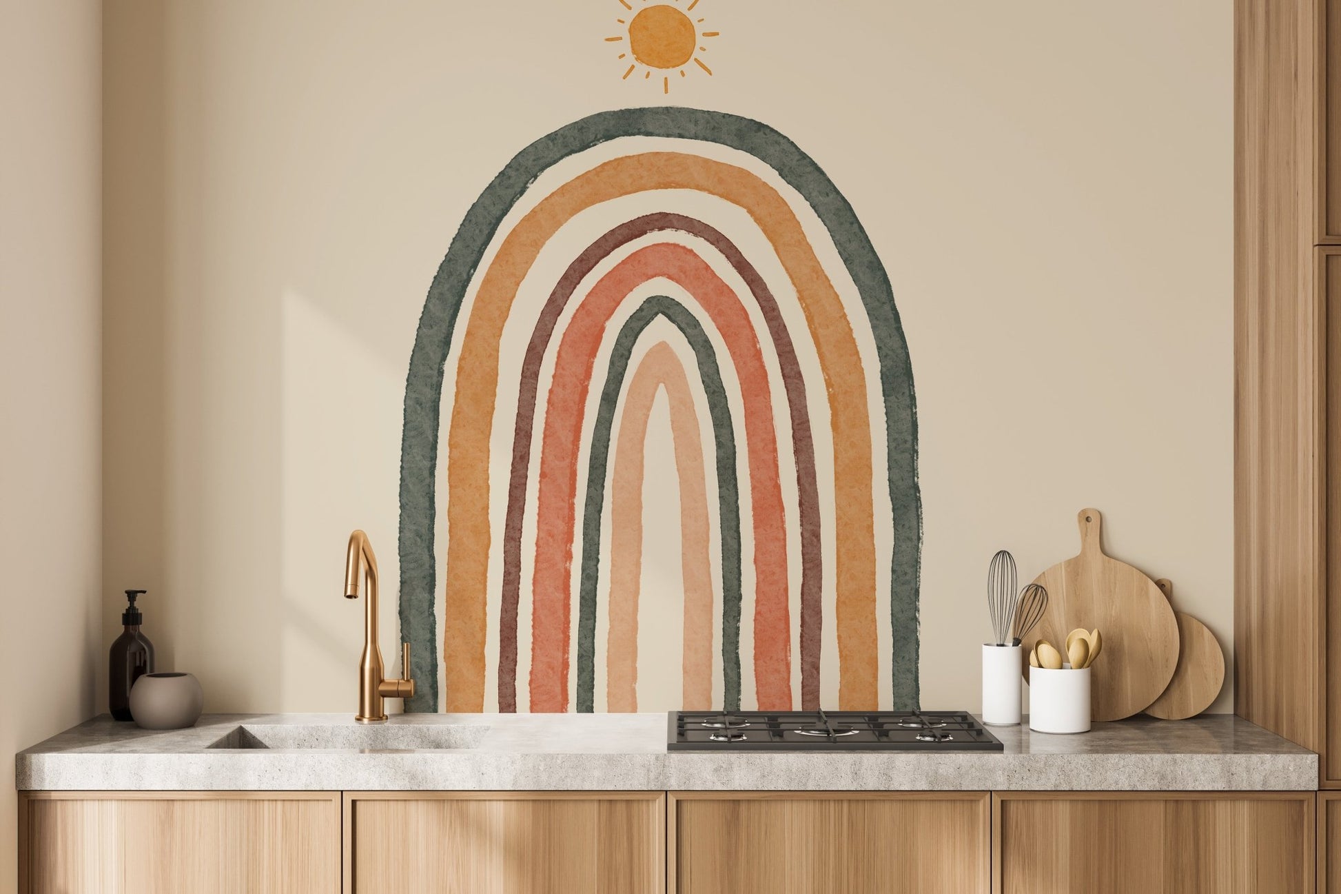 Pastel rainbow mural with boho accents for kitchen charm.

