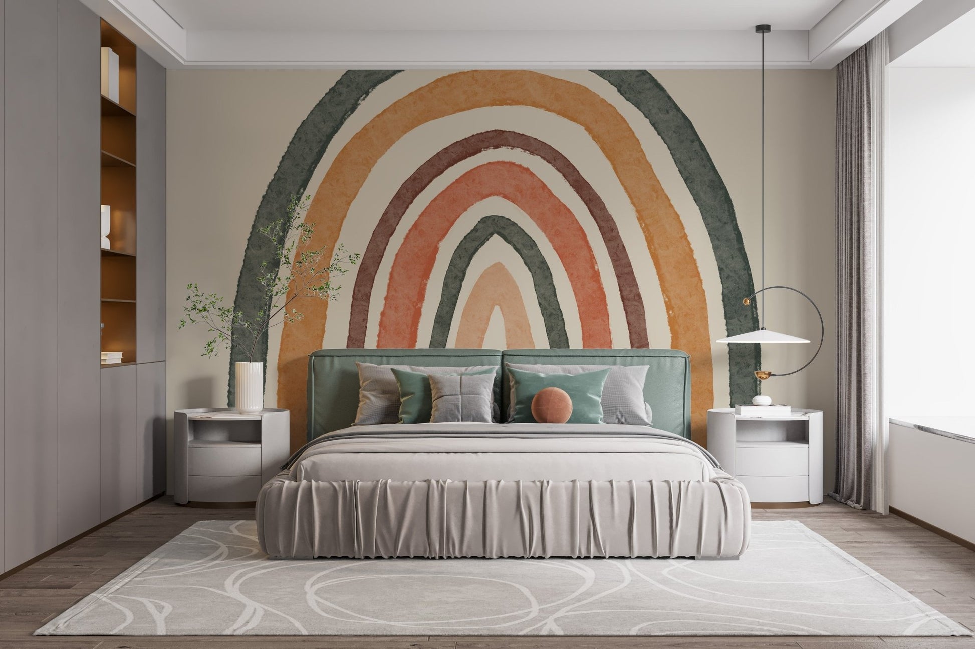 Cheerful rainbow mural in boho style for bedroom walls.
