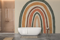 Boho-inspired rainbow wall mural for serene bathroom decor.
