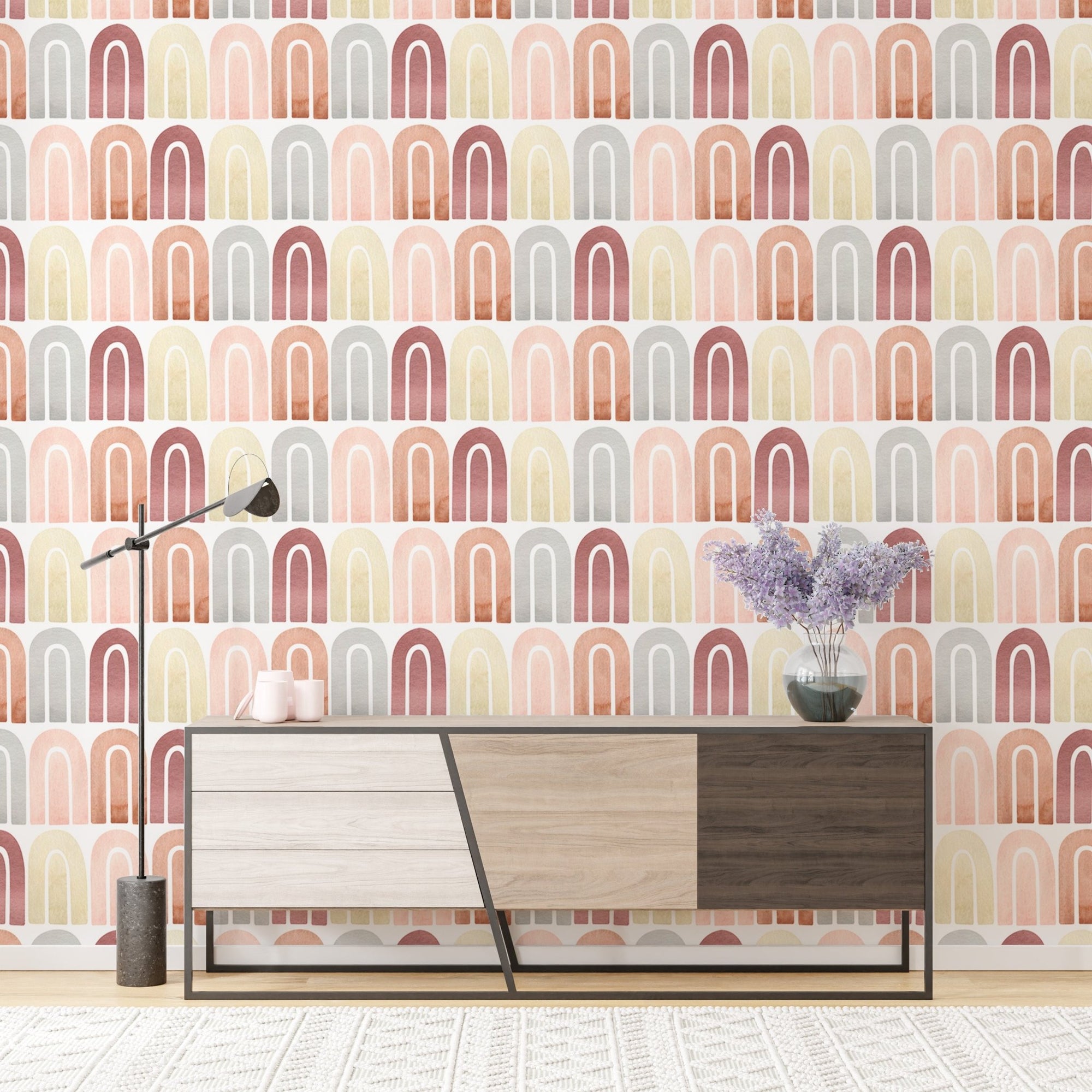 Boho peel and stick wallpaper with pastel colors in living room.