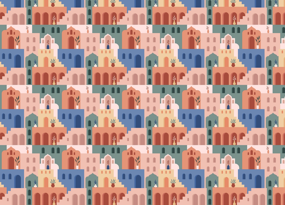 Moroccan Oriental Streets Colorful Building Bohemian Wallpaper in your room — zoomed