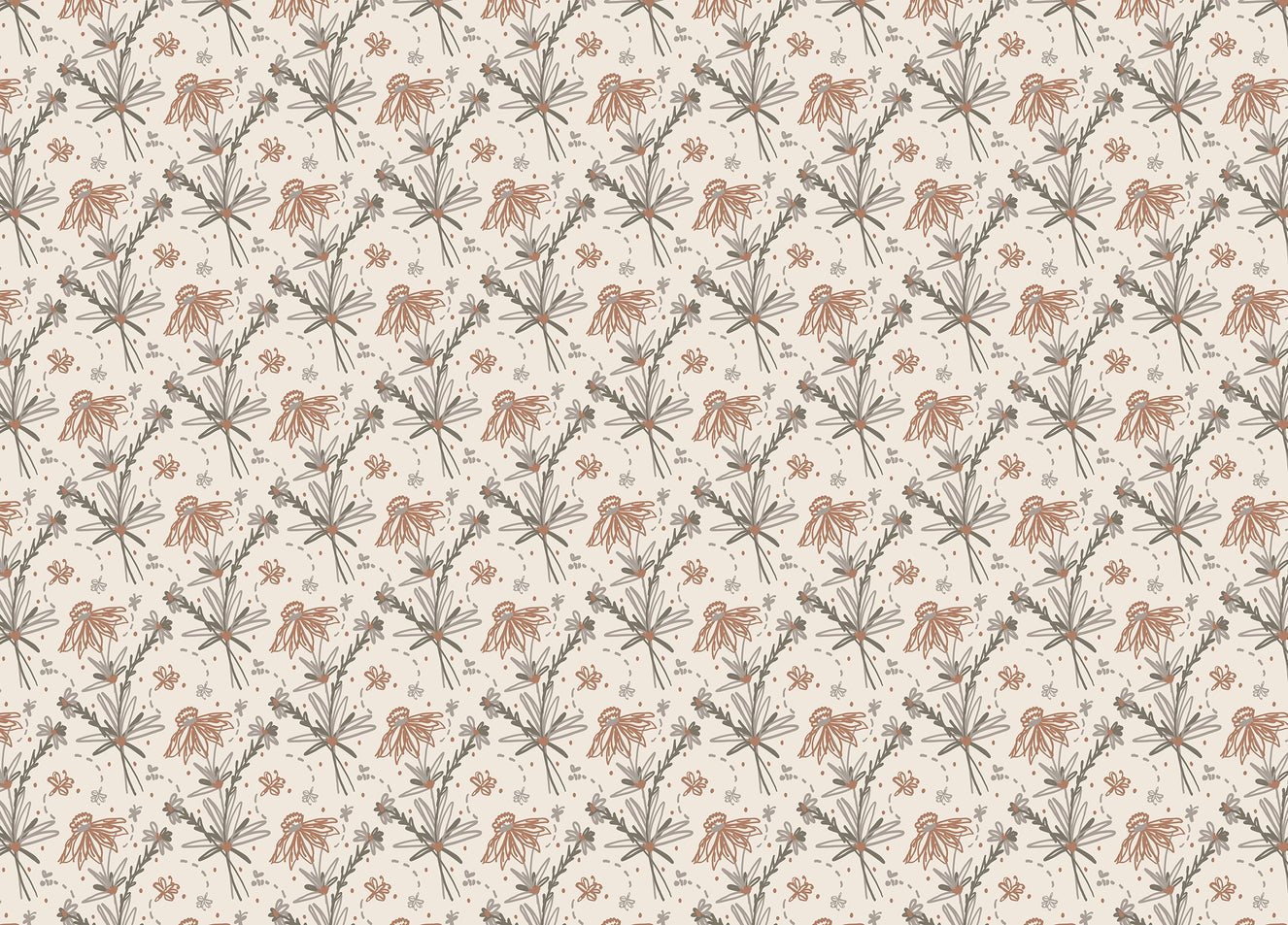 Earthy Tone Color Doodle Floral Repeat Pattern Boho Wallpaper