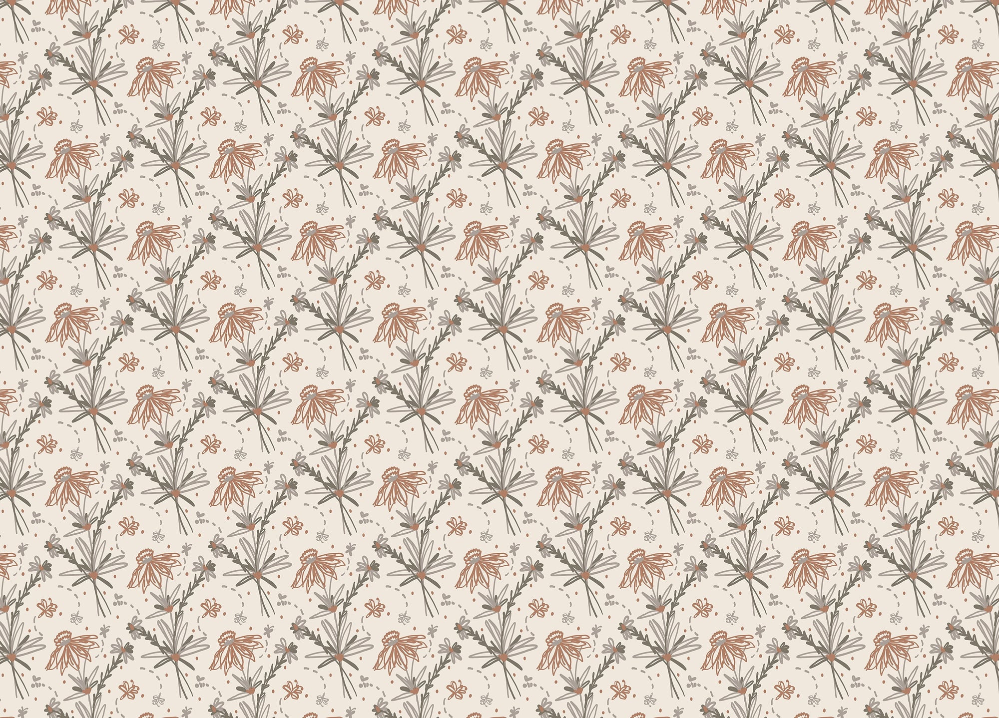 Earthy Tone Color Doodle Floral Repeat Pattern Boho Wallpaper