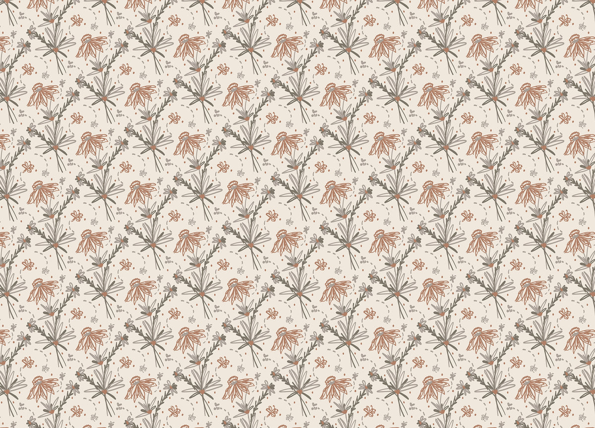 Earthy Tone Color Doodle Floral Repeat Pattern Boho Wallpaper in your room — zoomed