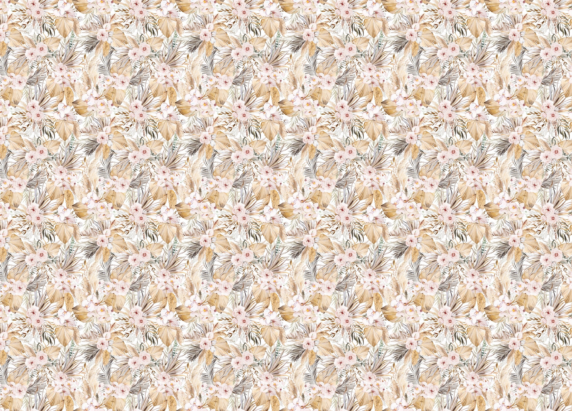 Watercolor Dried Leaves and Tropical Flowers Bohemian Wallpaper
