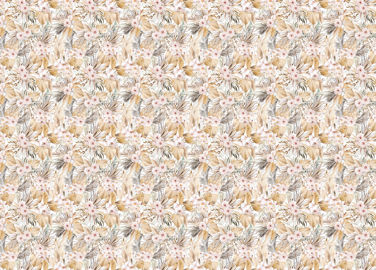 Watercolor Dried Leaves and Tropical Flowers Bohemian Wallpaper in your room — zoomed