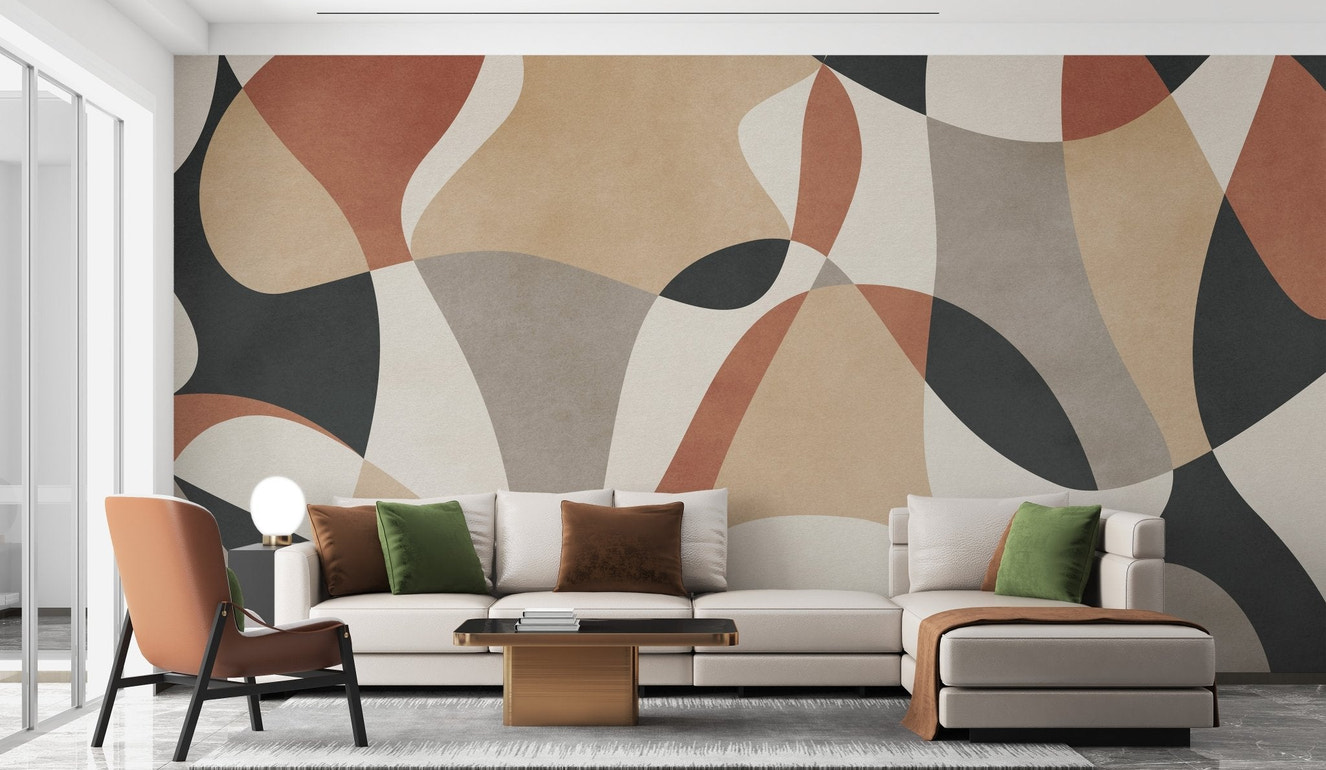 Striking geometric infusion wall mural for contemporary living room decor.
