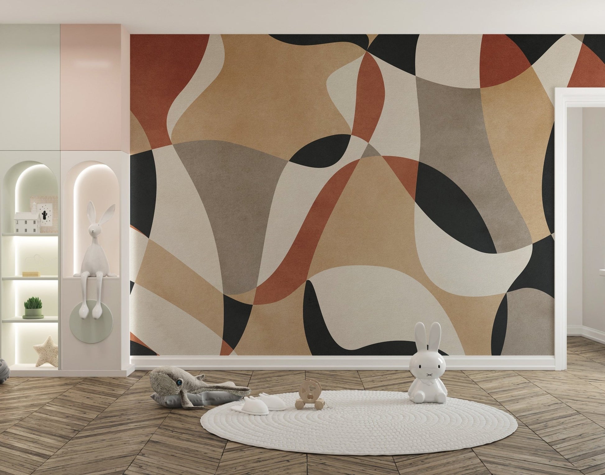 Dynamic geometric infusion mural for statement walls.
