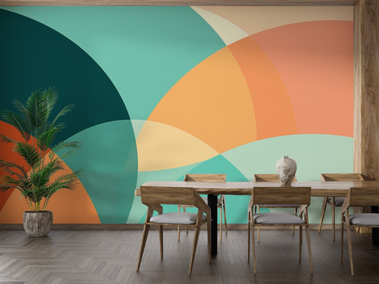 Abstract wall mural featuring a colorful mid-century modern aesthetic.