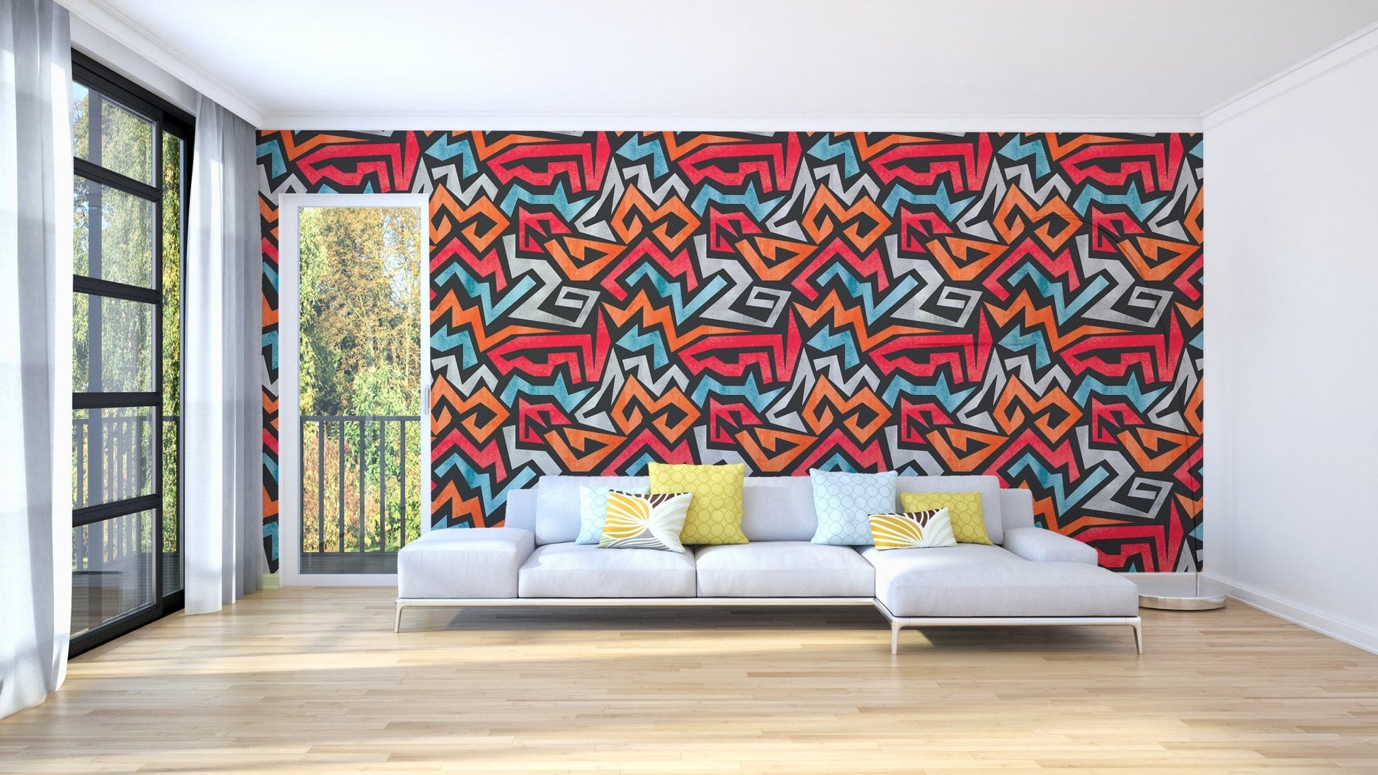 Modern graffiti wallpaper with geometric street art pattern.