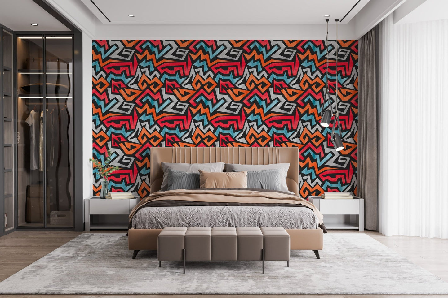 Graffiti inspired wallpaper with layered angular shapes.