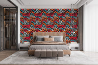Graffiti inspired wallpaper with layered angular shapes.