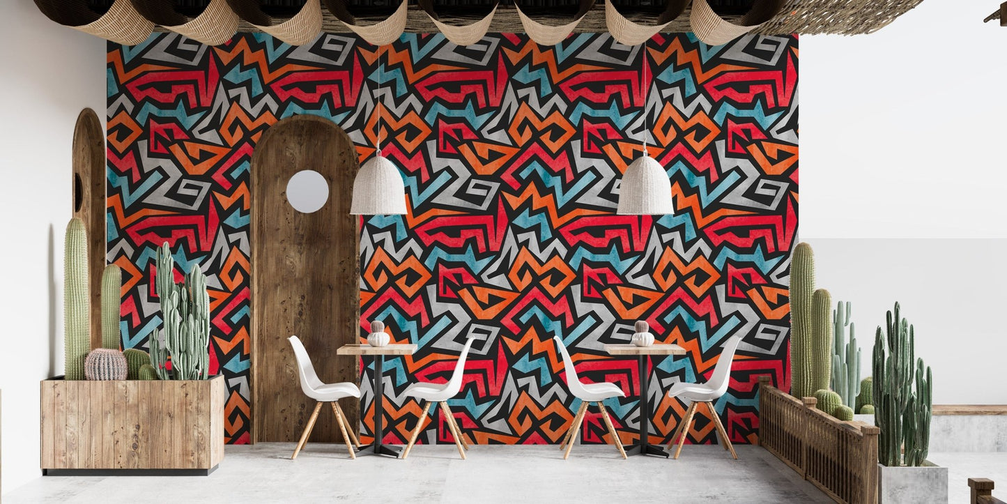 Urban style vector wallpaper in red orange blue and gray tones.