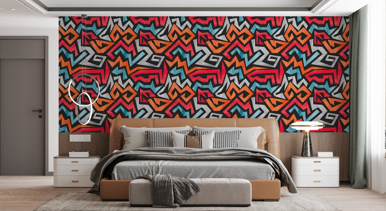 Bold graffiti vector pattern wallpaper with red blue abstract shapes.