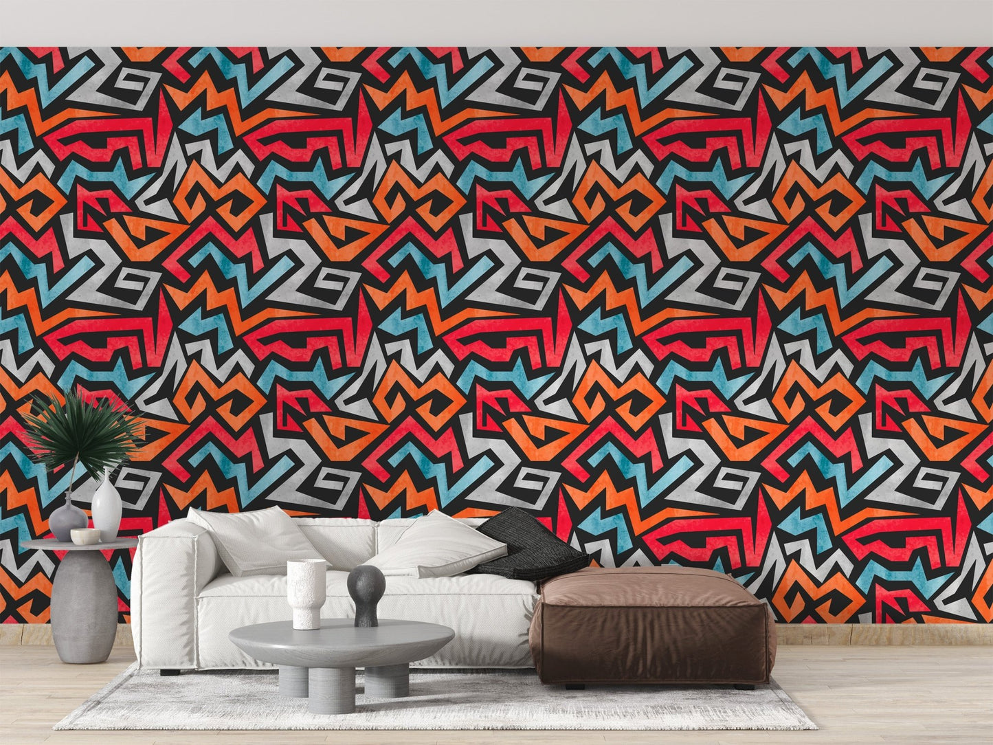 Trendy graffiti wallpaper with colorful layered pattern.