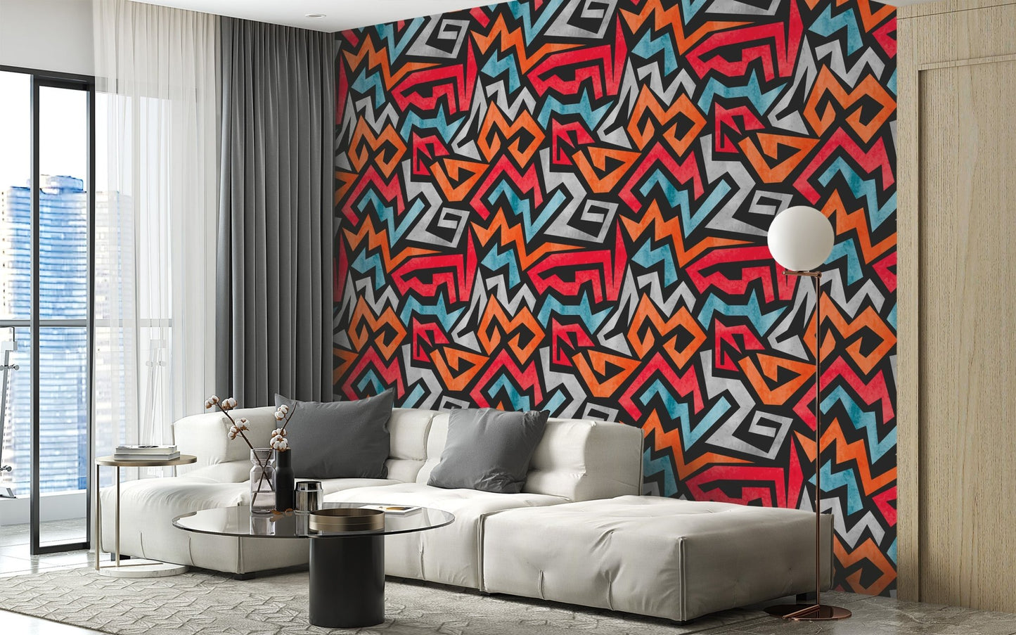 Colorful graffiti wallpaper with sharp vector zigzag pattern.