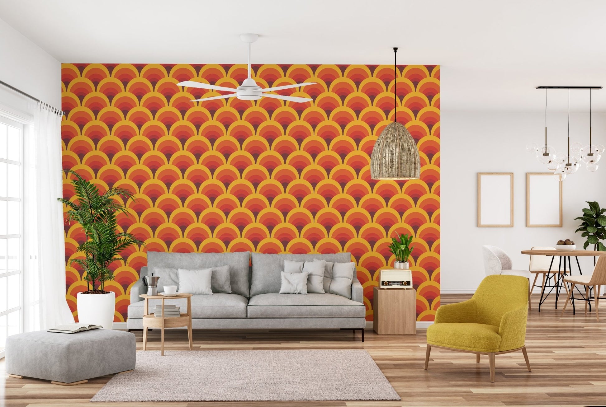 Modern orange arch mural wallpaper design
