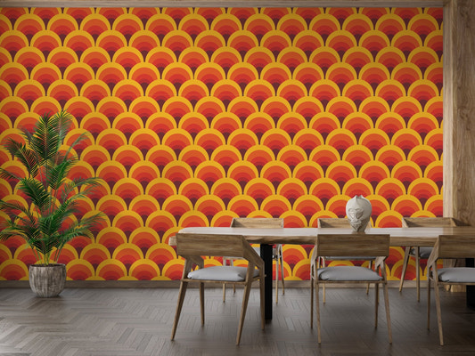 Bold Orange Arch Patterns Wallpaper in a modern dining room with wooden furniture.