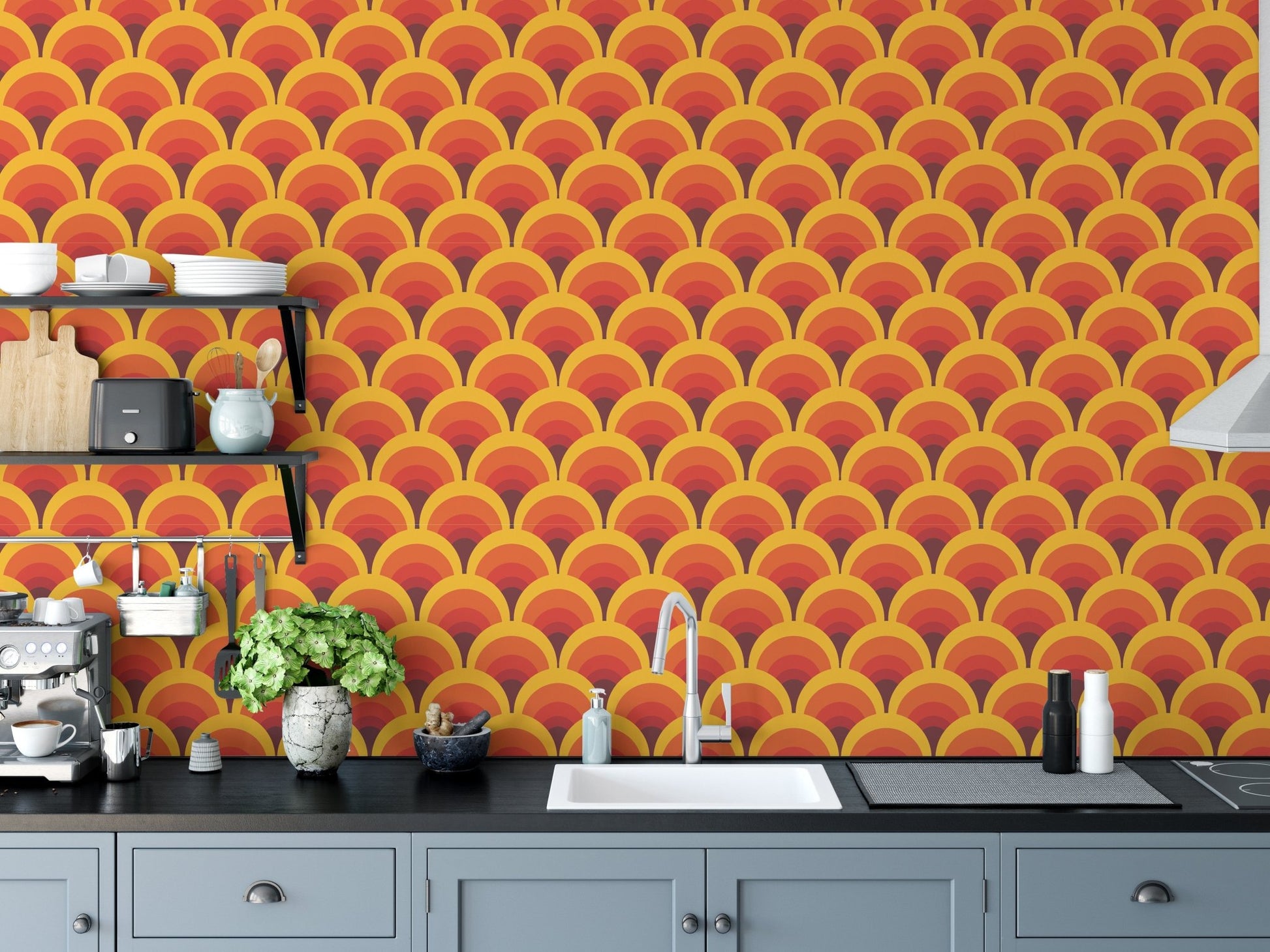 Modern orange arch mural wallpaper design
