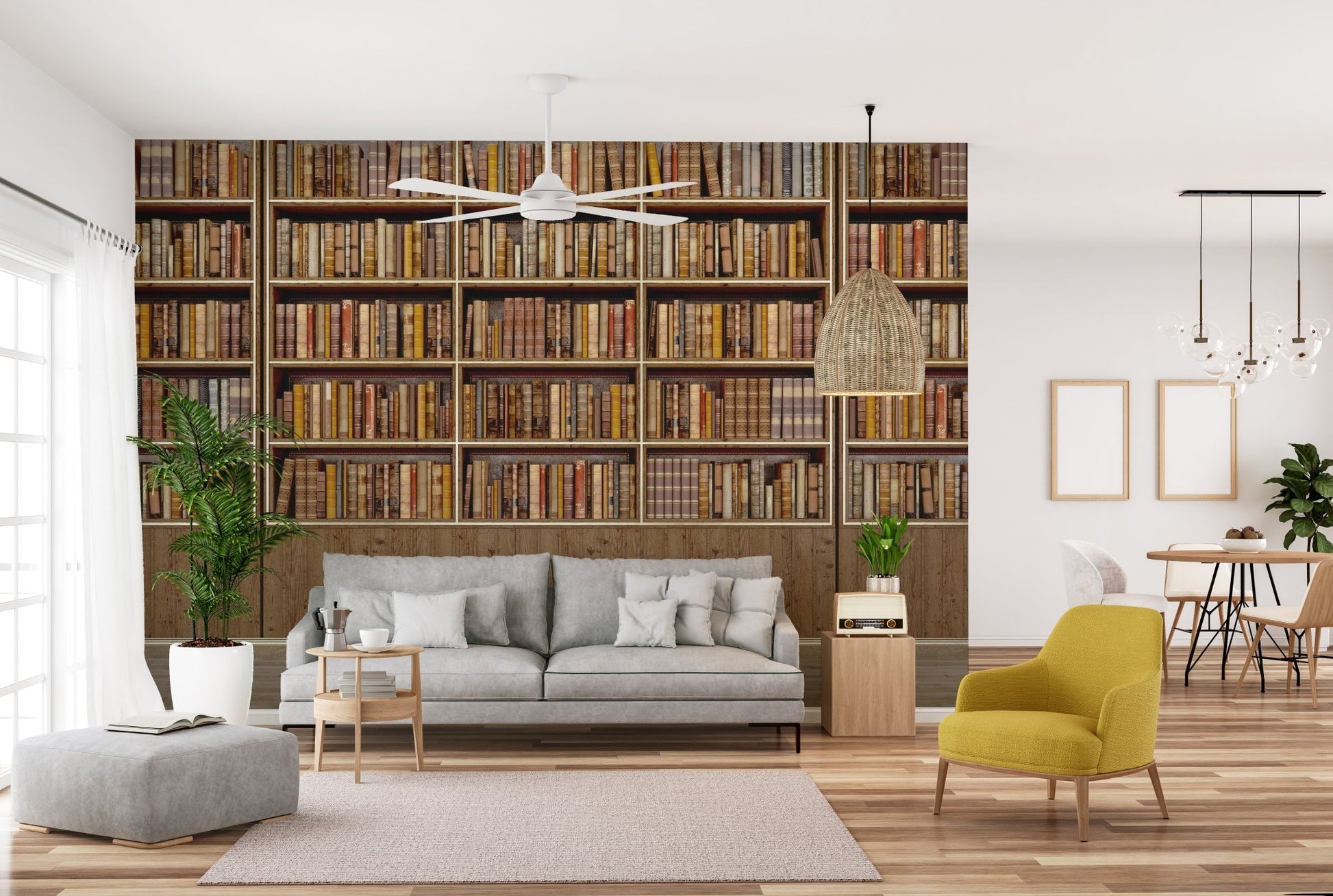 Bookish Nostalgia Wall Murals in a bright living room with a grey sofa.