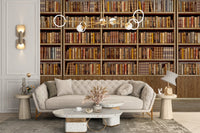 Nostalgic wall mural featuring bookish vintage vibes in modern living room.