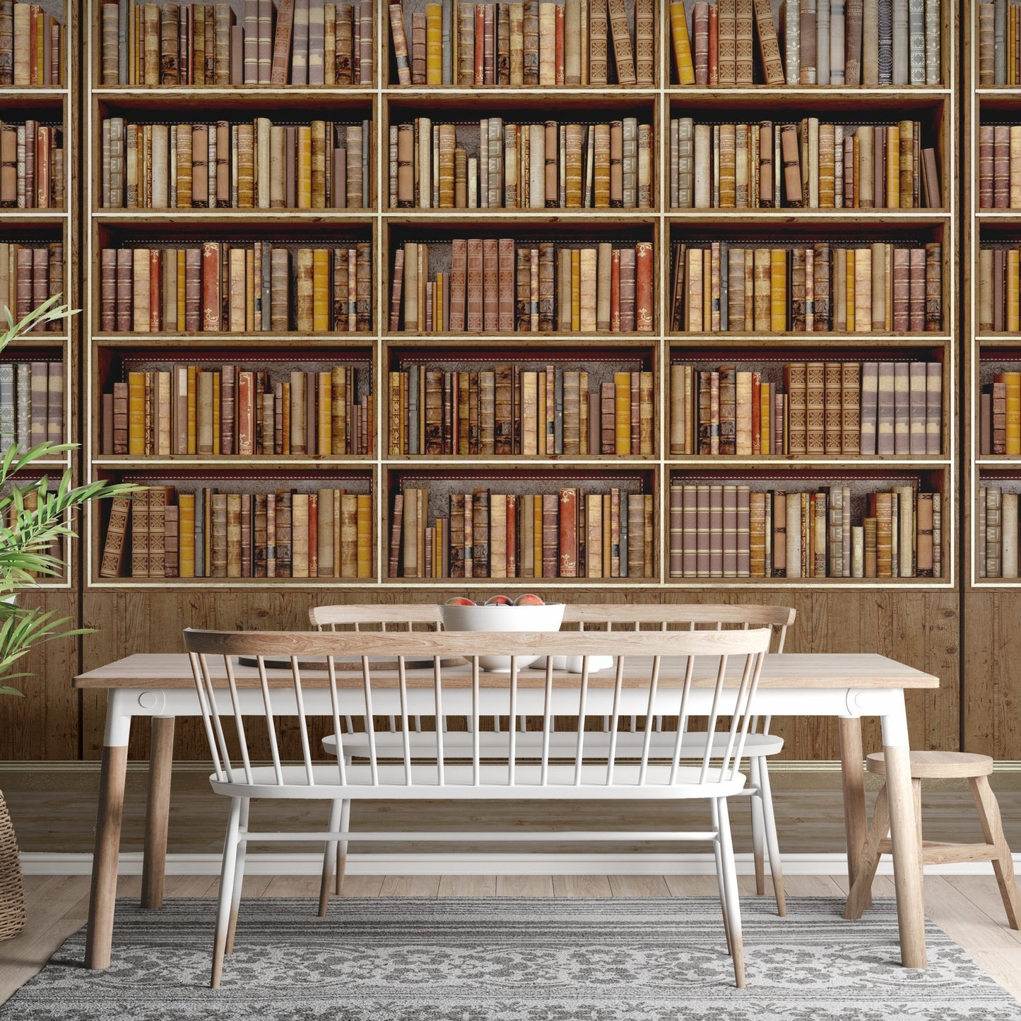 Nostalgic wall mural with a bookish retro theme in dining area.