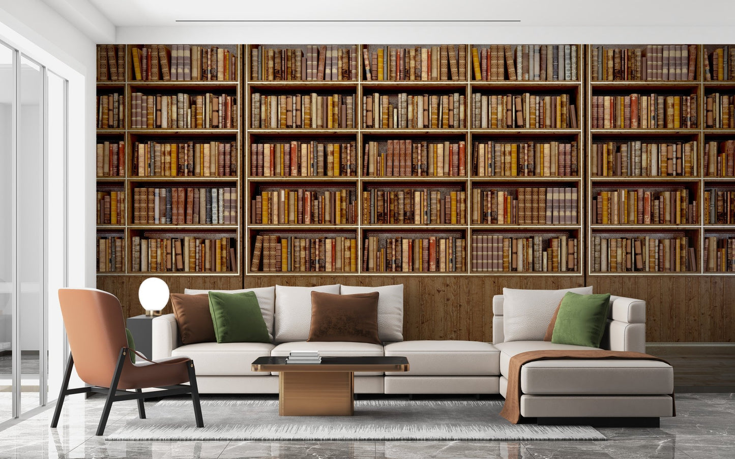 Bookish Nostalgia Wall Mural behind a grey L-shaped sofa and green cushions.