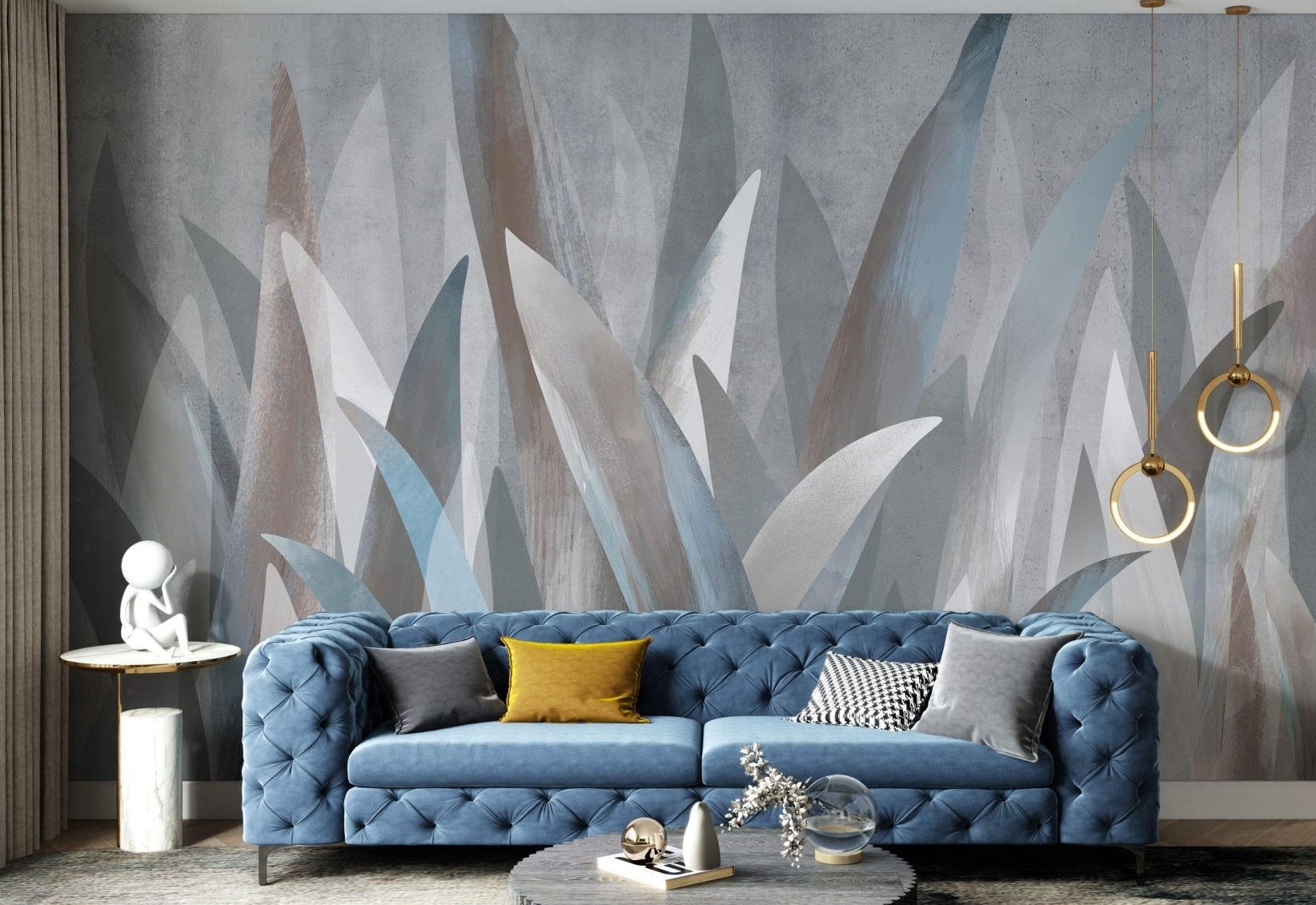 Botanical Abstract Leaf Art Mural with grey and blue leaves in living room.