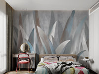Abstract botanical wall mural featuring tall blue and brown foliage shapes