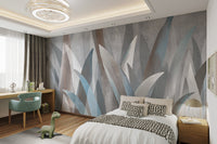 Abstract plant wall mural for modern bedroom interior.