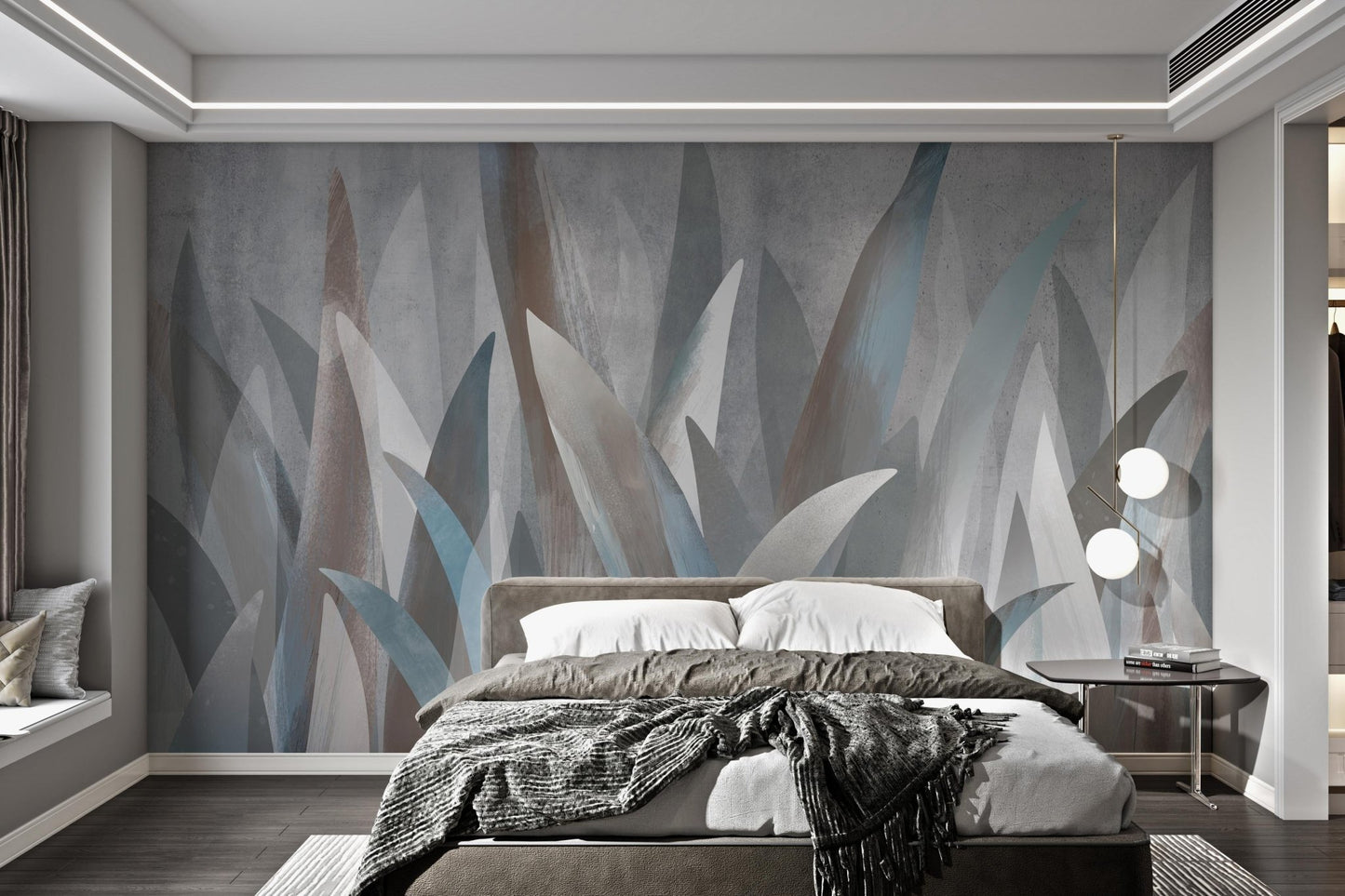 Vertical leaf pattern mural in dusty blue and grey shades for bright bedroom.