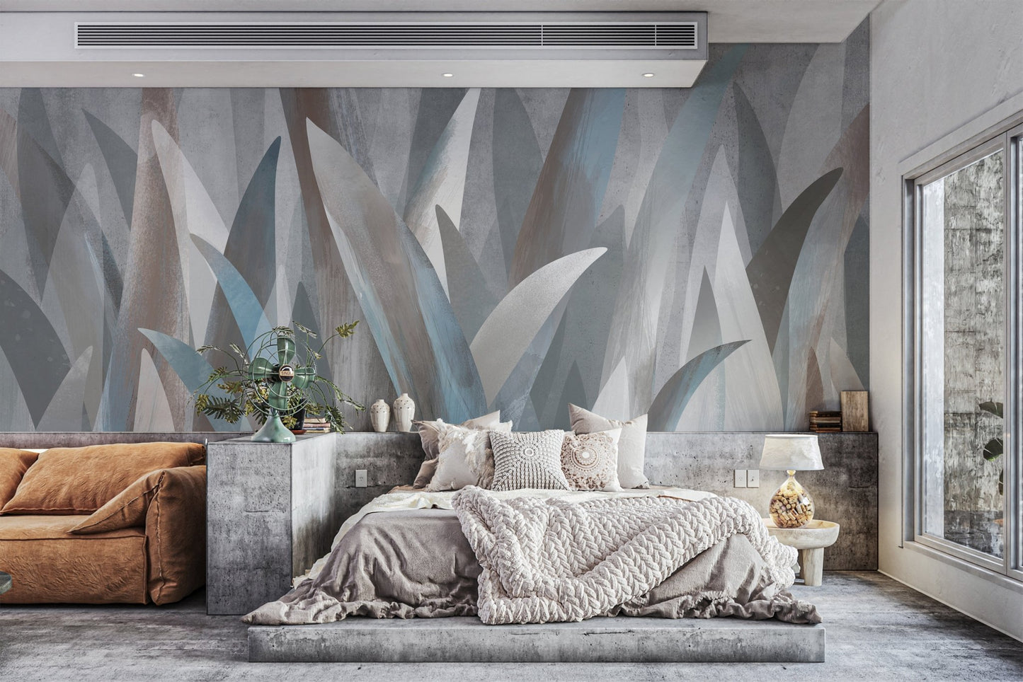 Minimalist botanical abstract leaf art wall mural for modern home interiors.