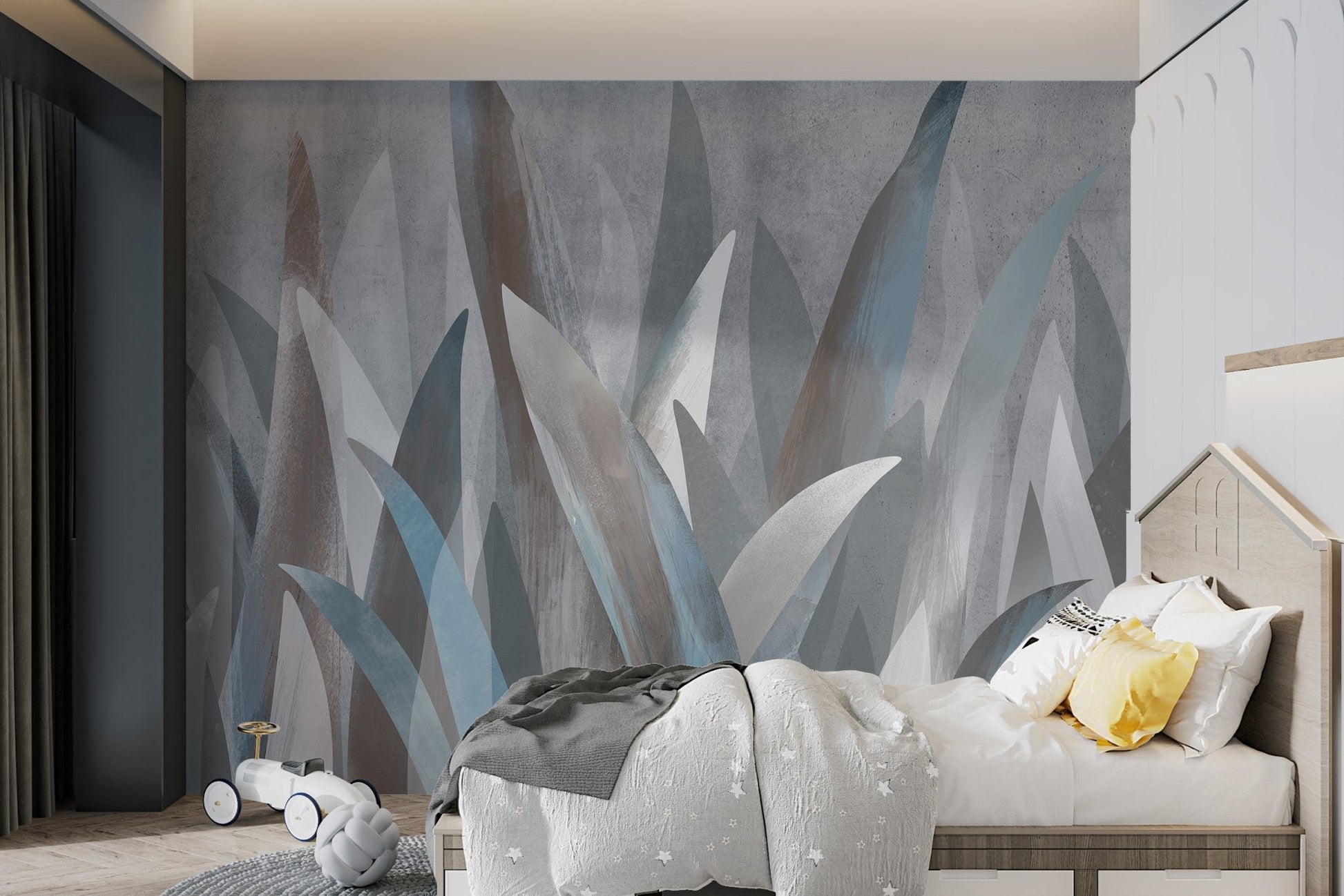Blue and taupe botanical art mural for a minimalist kids bedroom wall.