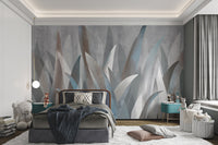 Textured grey background wall mural with abstract botanical leaf elements