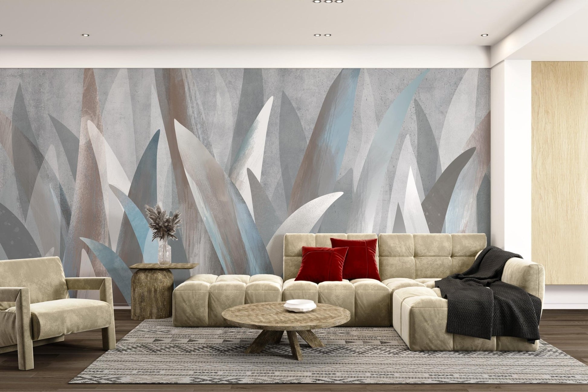 Contemporary wall mural showcasing elongated blue and grey plant shapes