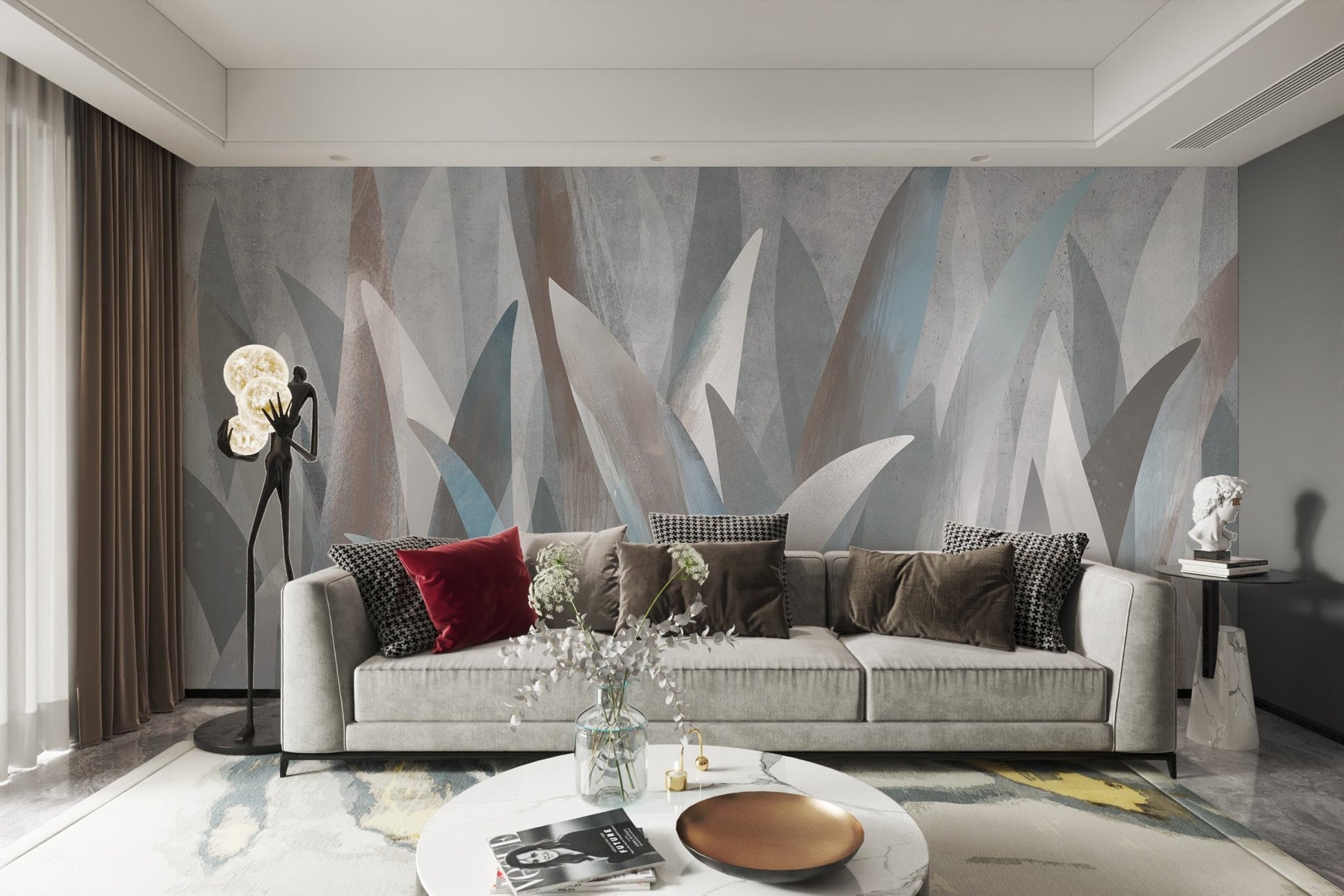 Modern wall mural design with grey leaf silhouettes on a textured background