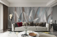 Modern wall mural design with grey leaf silhouettes on a textured background