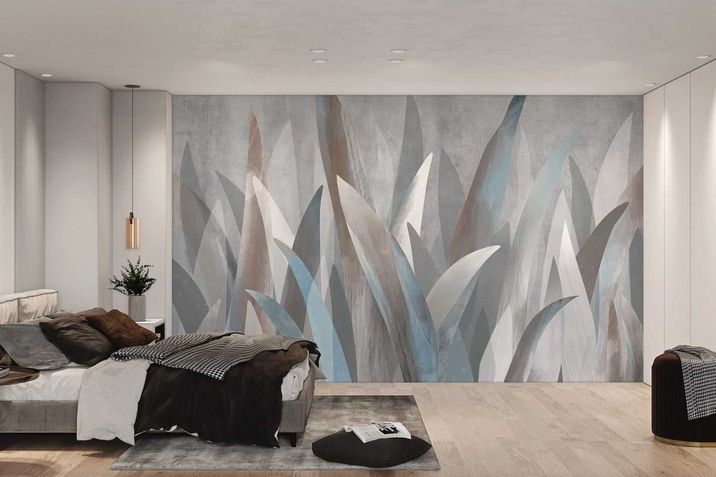 Abstract foliage wall mural with vertical grey and blue leaf strokes.