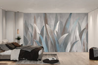Abstract foliage wall mural with vertical grey and blue leaf strokes.