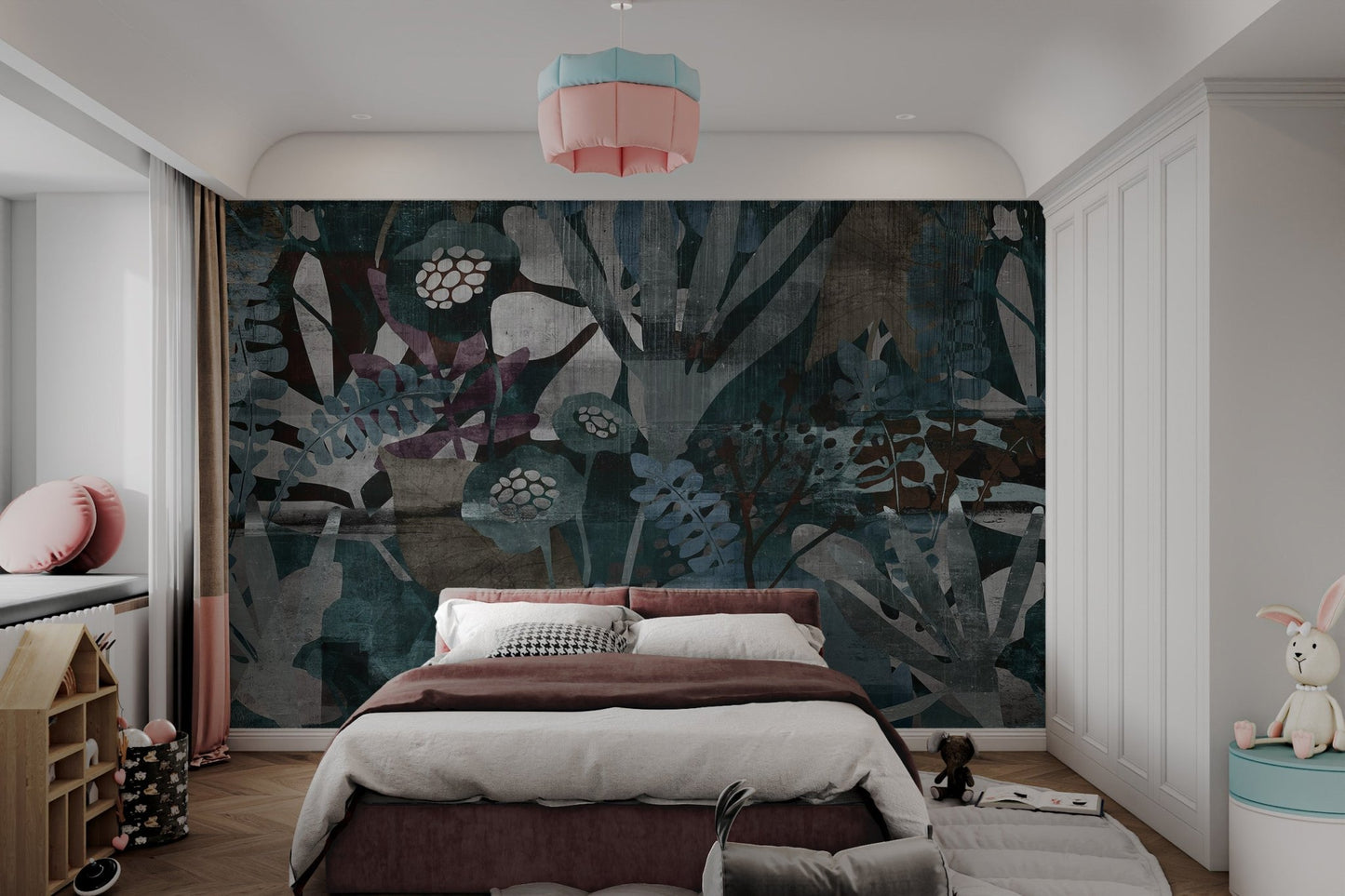 Textured grey and maroon botanical abstract mural for a bright bedroom.