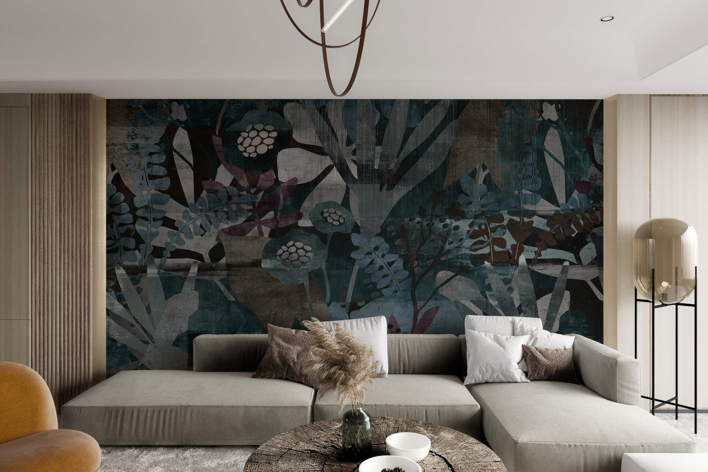 Abstract leaf mural with earthy tones and artistic plant patterns for living area