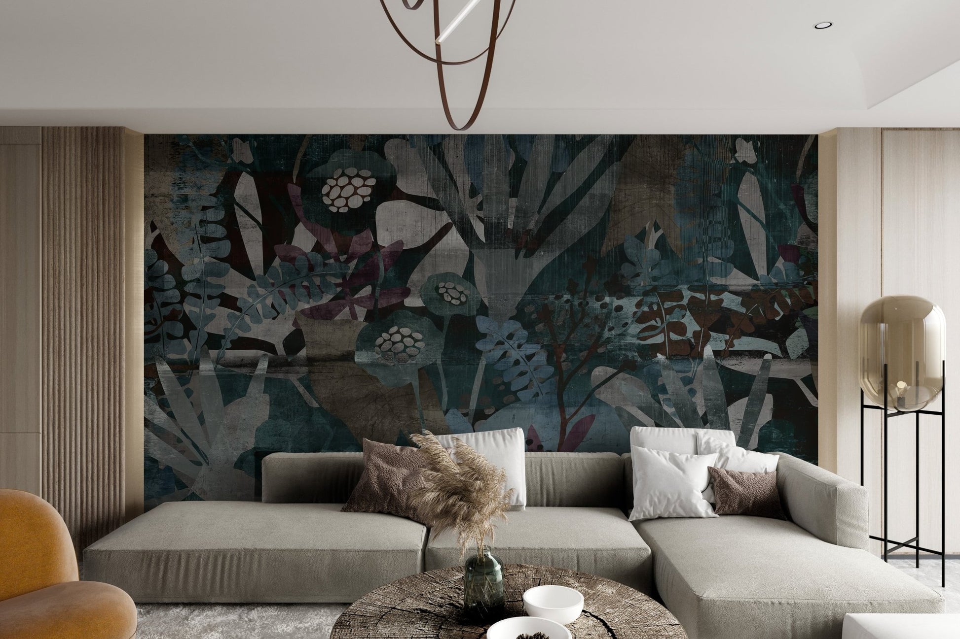 Abstract leaf mural with earthy tones and artistic plant patterns for living area