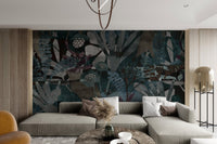Abstract leaf mural with earthy tones and artistic plant patterns for living area