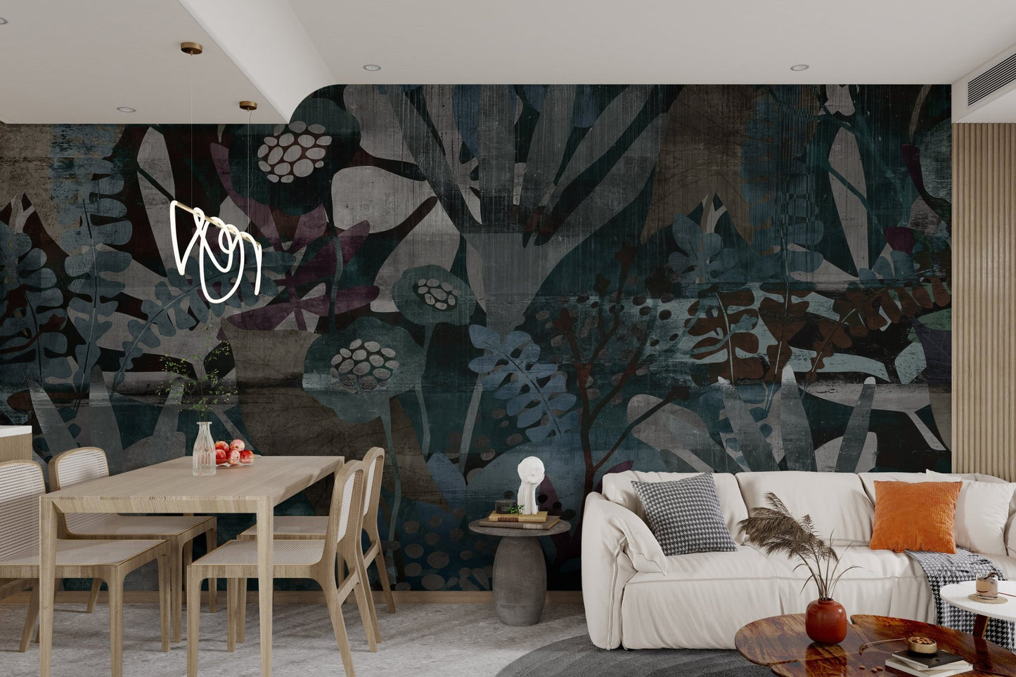 Textured wall mural with dark floral motifs and blue botanical graphics.