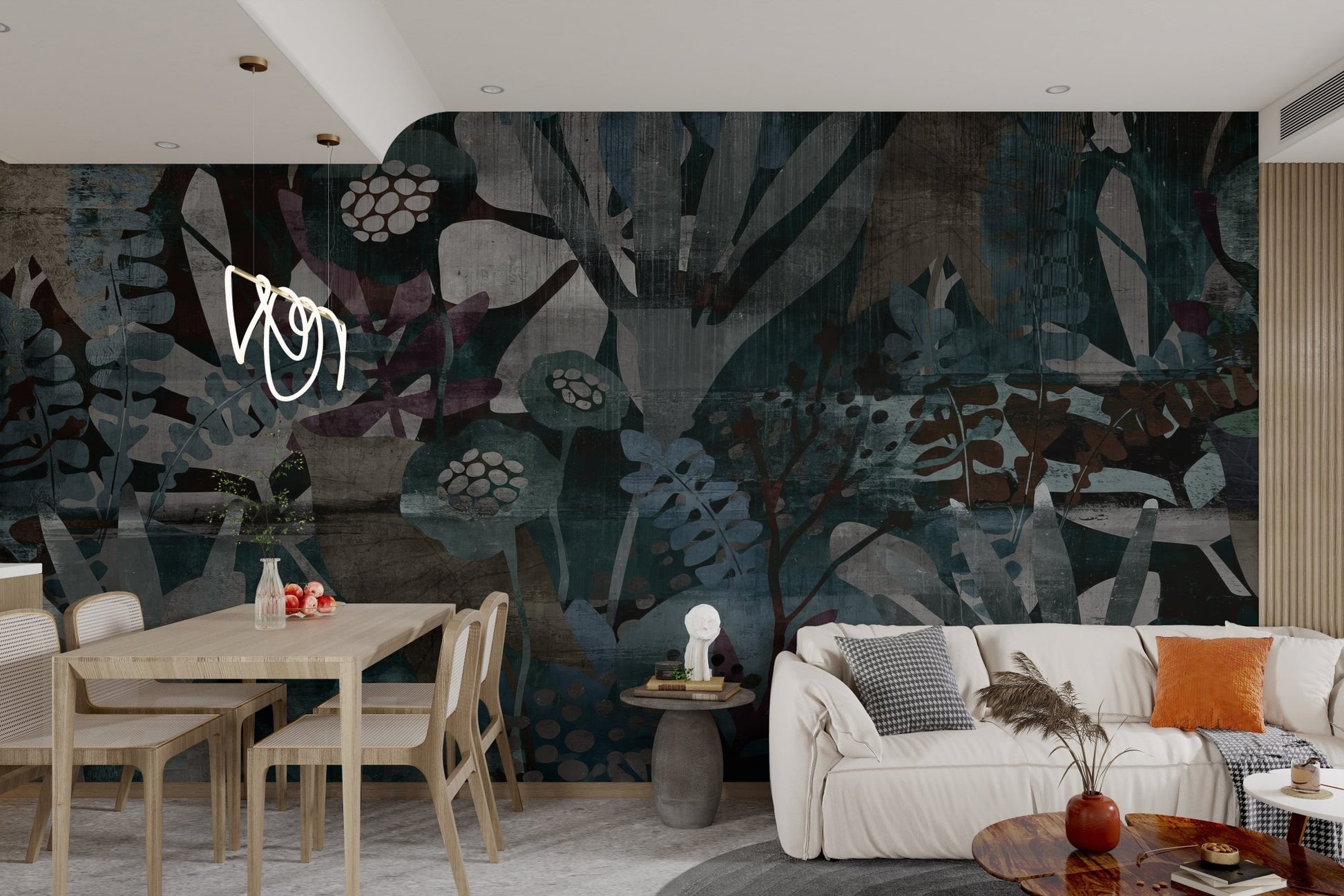 Textured wall mural with dark floral motifs and blue botanical graphics.
