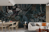 Textured wall mural with dark floral motifs and blue botanical graphics.