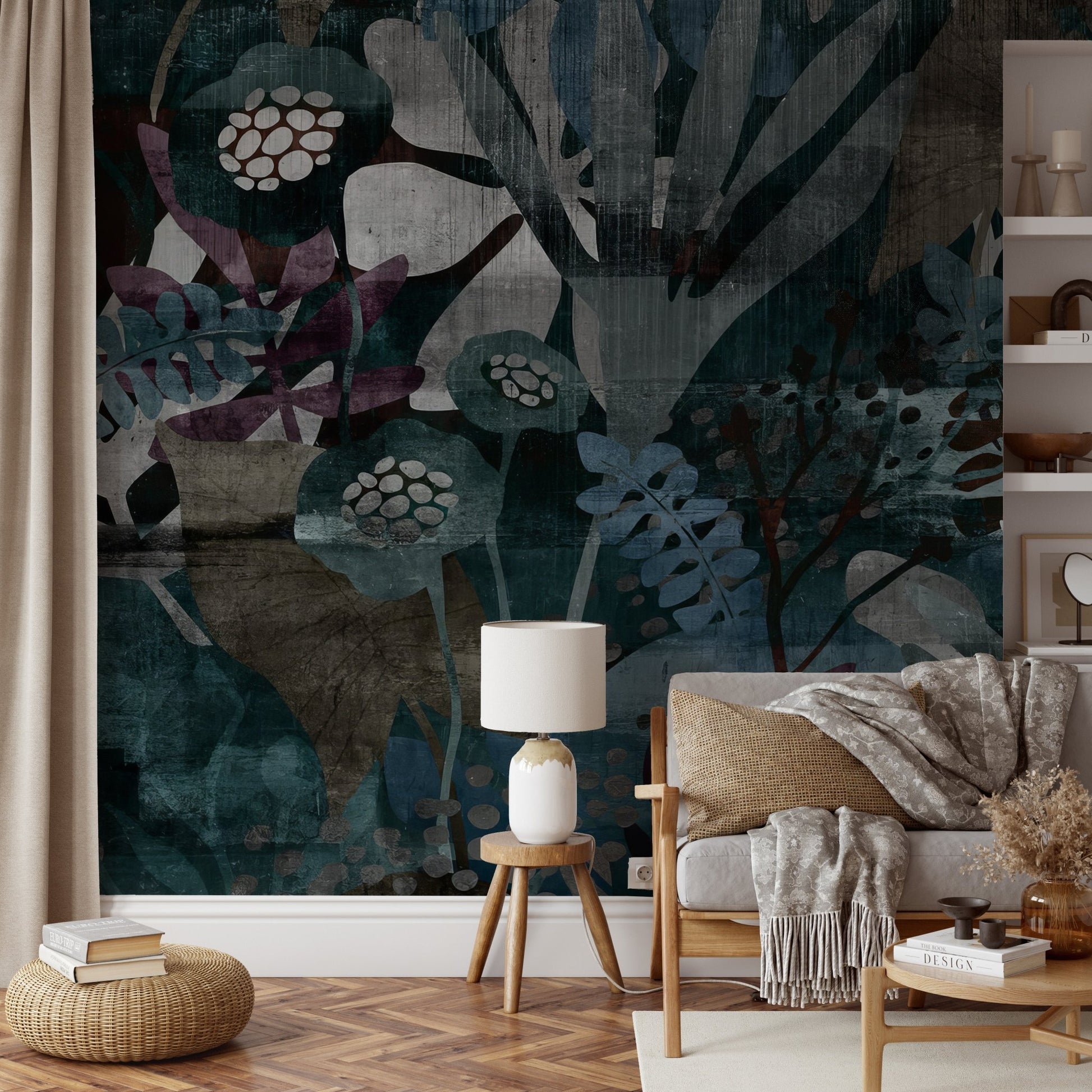 Contemporary botanical wall mural with layered leaves in sunlit living room.