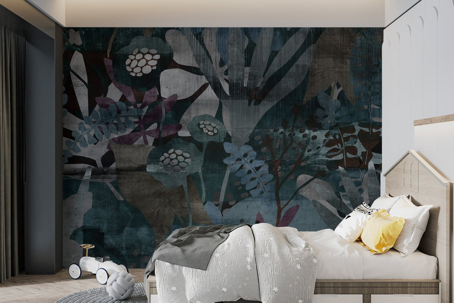 Moody teal wall mural with abstract purple foliage and layered textures.