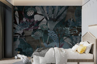 Moody teal wall mural with abstract purple foliage and layered textures.
