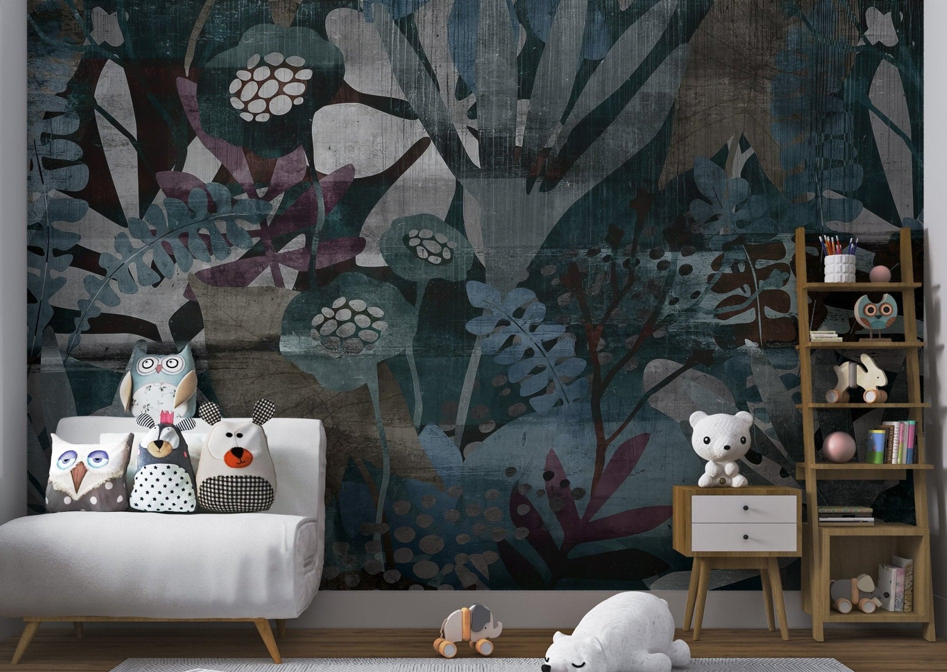 Modern botanical wall mural with muted purple and leaf shapes for kids room.